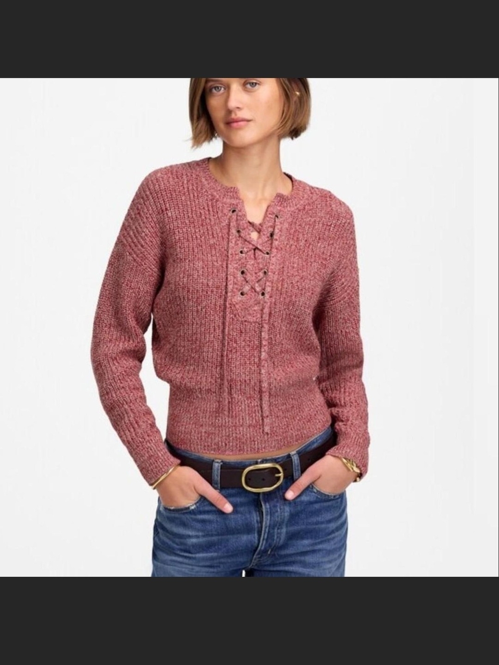 Madewell Lace-Up Ribbed Sweater - Dusty Rose